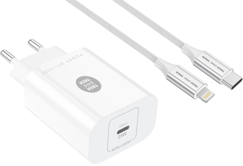 Chargeur mural TechOneTech 25W PD + câble USB-C vers Lightning