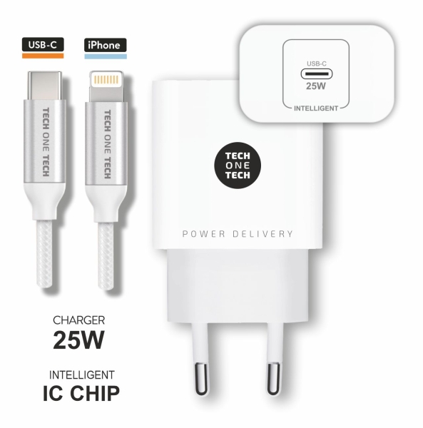 Chargeur mural TechOneTech 25W PD + câble USB-C vers Lightning