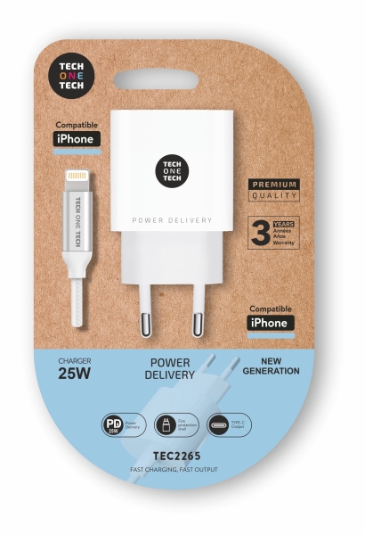 Chargeur mural TechOneTech 25W PD + câble USB-C vers Lightning