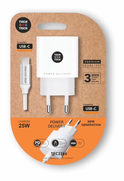 Chargeur mural TechOneTech 25W PD + câble USB-C vers USB-C