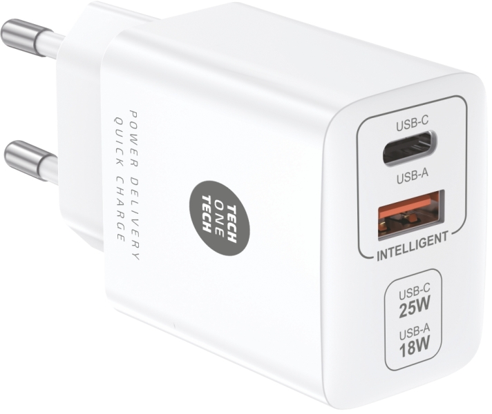 Chargeur mural TechOneTech PD + QC 25W 1 port USB-C 3A + 1 port USB-A