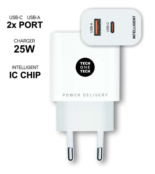 Chargeur mural TechOneTech PD + QC 25W 1 port USB-C 3A + 1 port USB-A