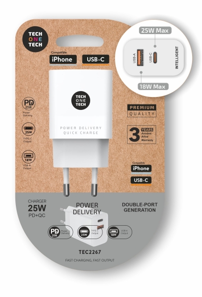 Chargeur mural TechOneTech PD + QC 25W 1 port USB-C 3A + 1 port USB-A