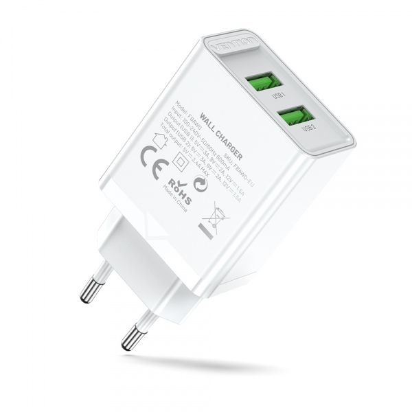 Chargeur Mural Vention 2xUSB-A 3A 18W - Chargement Rapide - Couleur Blanc