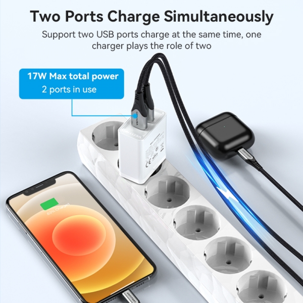 Chargeur Mural Vention 2xUSB-A 3A 18W - Chargement Rapide - Couleur Blanc