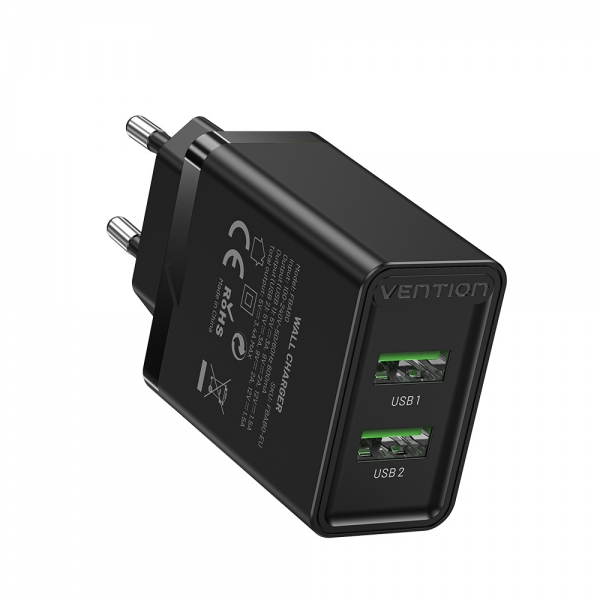 Chargeur Mural Vention 2xUSB-A 3A 18W - Chargement Rapide - Couleur Noir