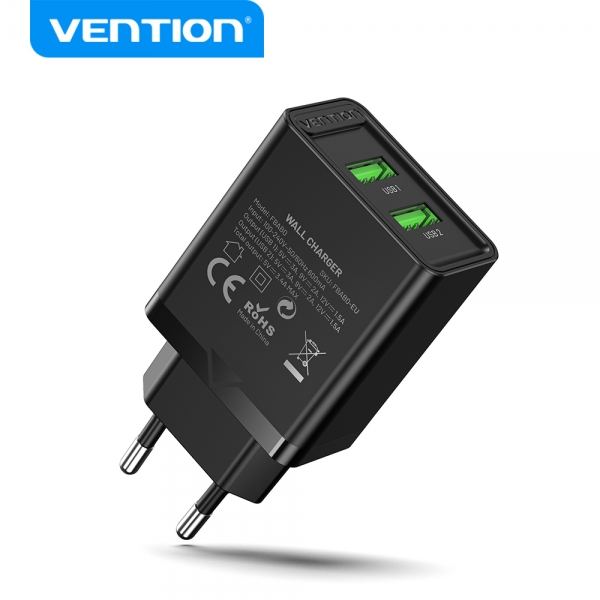 Chargeur Mural Vention 2xUSB-A 3A 18W - Chargement Rapide - Couleur Noir