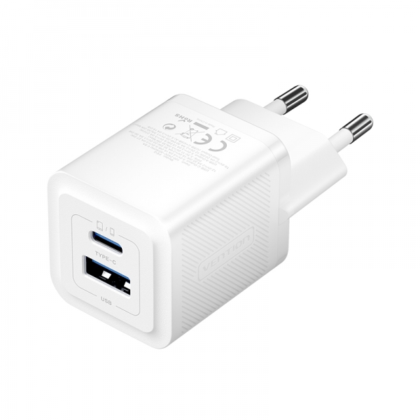 Chargeur mural Vention GaN 2 ports USB (C+A) (30W/30W) - Charge rapide UE - Couleur blanc