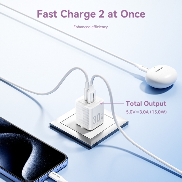 Chargeur mural Vention GaN 2 ports USB (C+A) (30W/30W) - Charge rapide UE - Couleur blanc