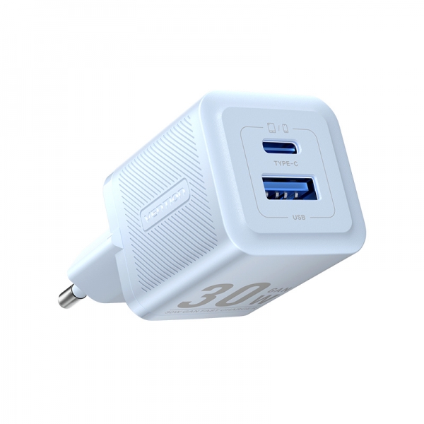 Chargeur Mural Vention GaN 2 Ports USB (C+A) - 30W/30W - Charge Rapide UE - Couleur Bleu