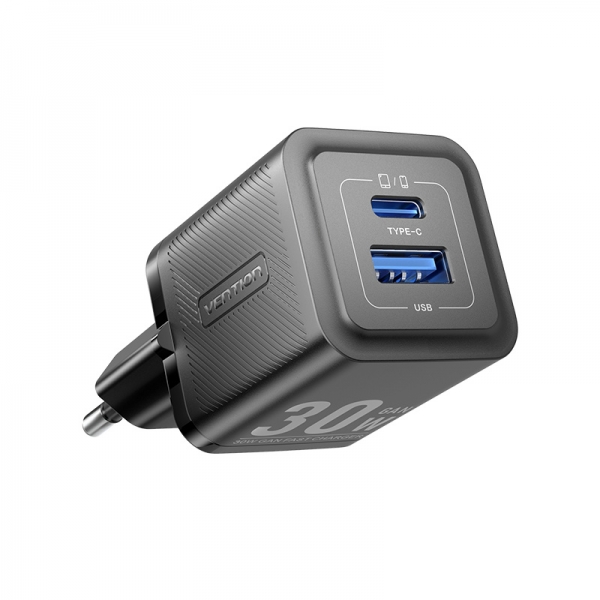 Chargeur mural Vention GaN 2 ports USB (C+A) (30W/30W) - Chargement rapide UE - Couleur noir