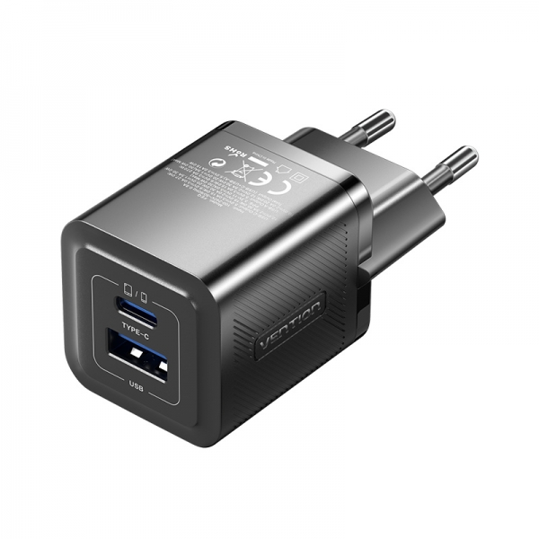 Chargeur mural Vention GaN 2 ports USB (C+A) (30W/30W) - Chargement rapide UE - Couleur noir