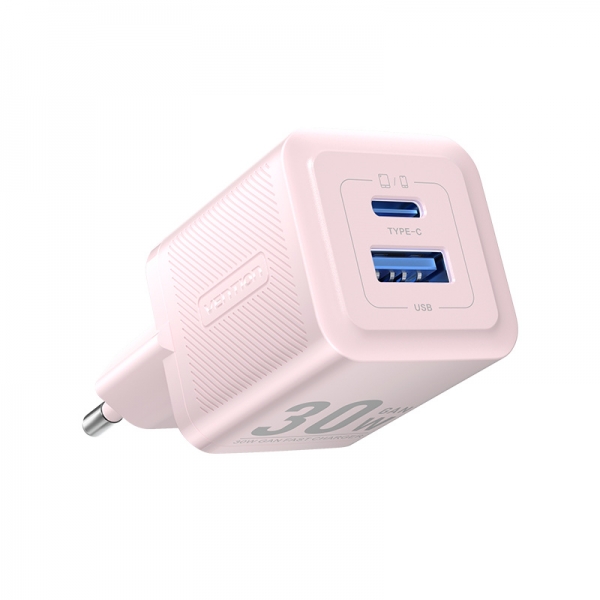 Chargeur mural Vention GaN 2 ports USB (C+A) (30W/30W) - Chargement rapide UE - Couleur rose