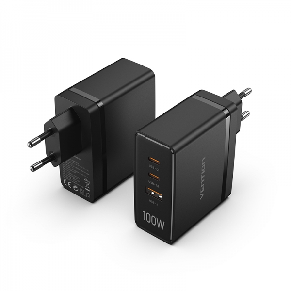 Chargeur mural Vention GaN 2xUSB-C vers 1xUSB 100W - Couleur noire