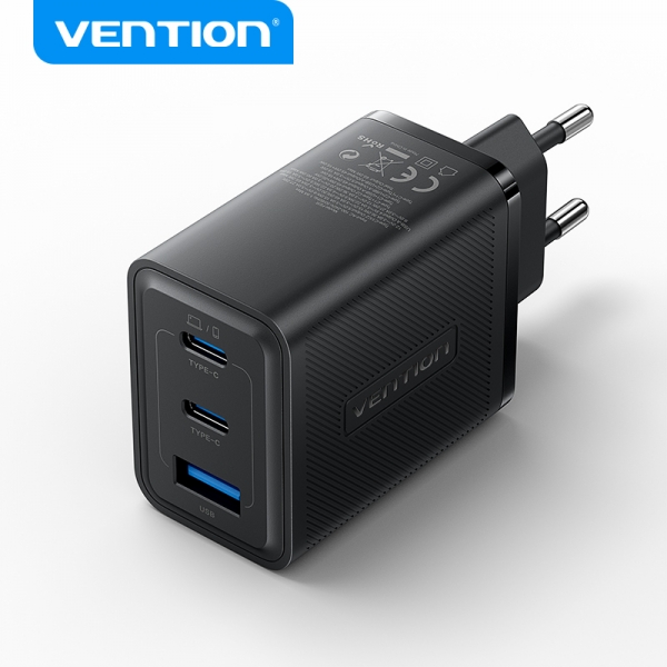 Chargeur Mural Vention GaN 3 Ports USB (C + C + A) (65W/65W/30W) - EU - Couleur Noir