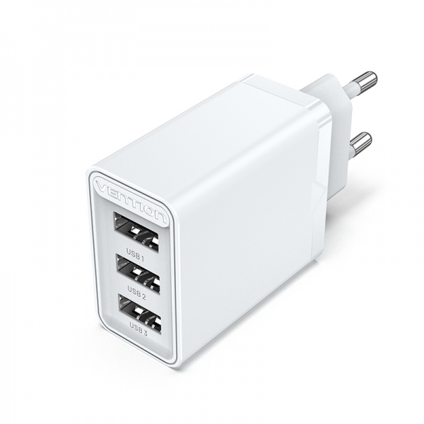 Chargeur mural Vention USB-Ax3 2,4A 12Wx3 - Chargement rapide - Couleur blanche