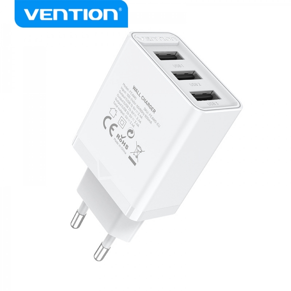 Chargeur mural Vention USB-Ax3 2,4A 12Wx3 - Chargement rapide - Couleur blanche