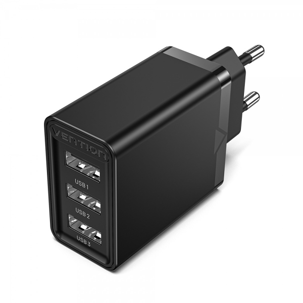 Chargeur mural Vention USB-Ax3 2,4A 12Wx3 - Chargement rapide - Couleur noire