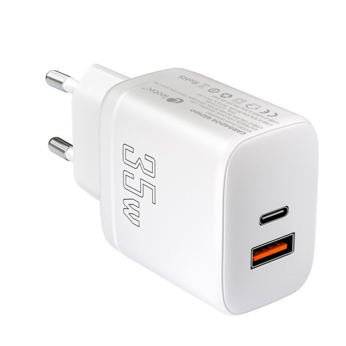 Chargeur pour Smartphone Leotec 35W avec ports USB-C PD 3.0 et USB-A - Protection contre les surintensités et les courts-circuits - Couleur blanche