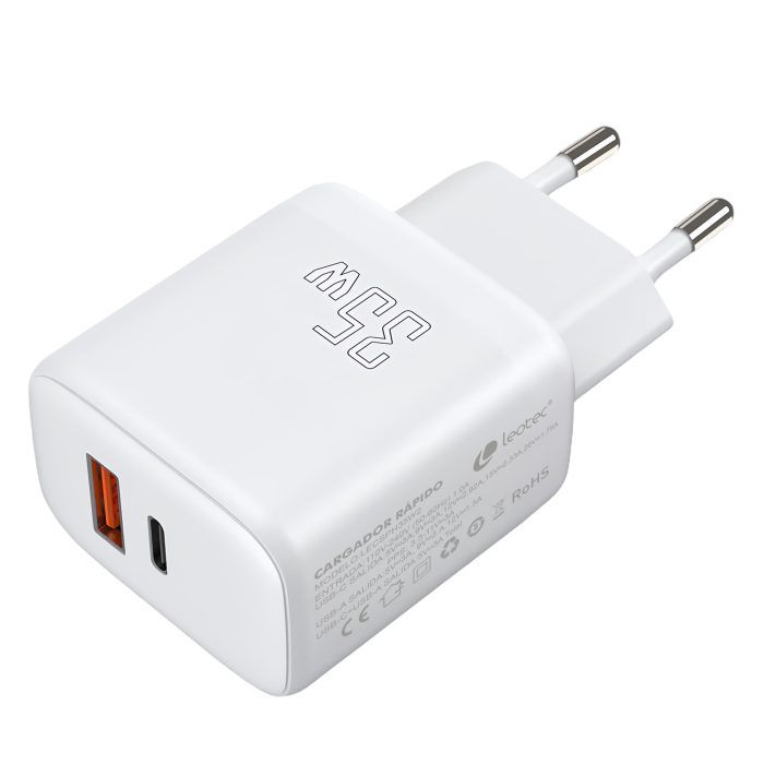 Chargeur pour Smartphone Leotec 35W avec ports USB-C PD 3.0 et USB-A - Protection contre les surintensités et les courts-circuits - Couleur blanche