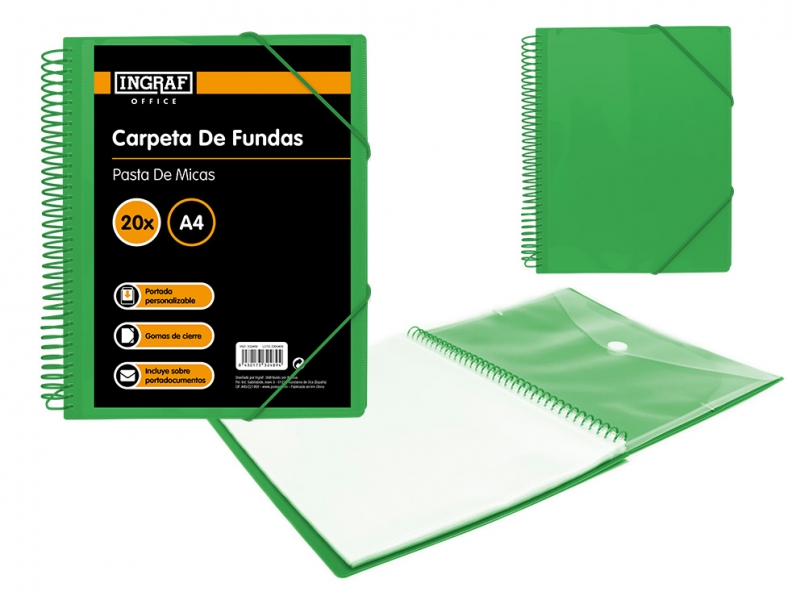 Chemise Ingraf 20 pochettes avec couverture enveloppe - Polypropylène rigide - Format A4 - Spirale plastique indéformable - Ouverture 360 degrés - Couverture personnalisable - Coloris vert