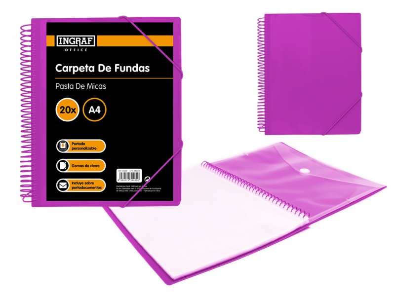 Chemise Ingraf 20 Pochettes avec Couverture Enveloppe - Polypropylène Rigide - Format A4 - Spirale Plastique Indéformable - Ouverture 360 Degrés - Enveloppe Transparente avec Fermoir - Couverture Personnalisable - Couleur Violet