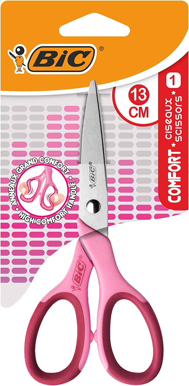 Ciseaux Scolaires Bic Comfort 13cm - Manche Souple - Droitier - Couleur Rose/Bleu Aléatoire