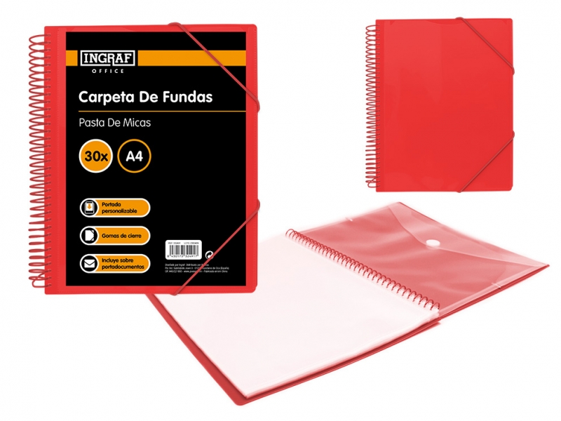 Classeur Ingraf 30 couvertures avec enveloppe de couverture - Polypropylène rigide - Spirale plastique indéformable - Ouverture 360 degrés - Enveloppe transparente avec fermeture à fermoir - Coloris rouge