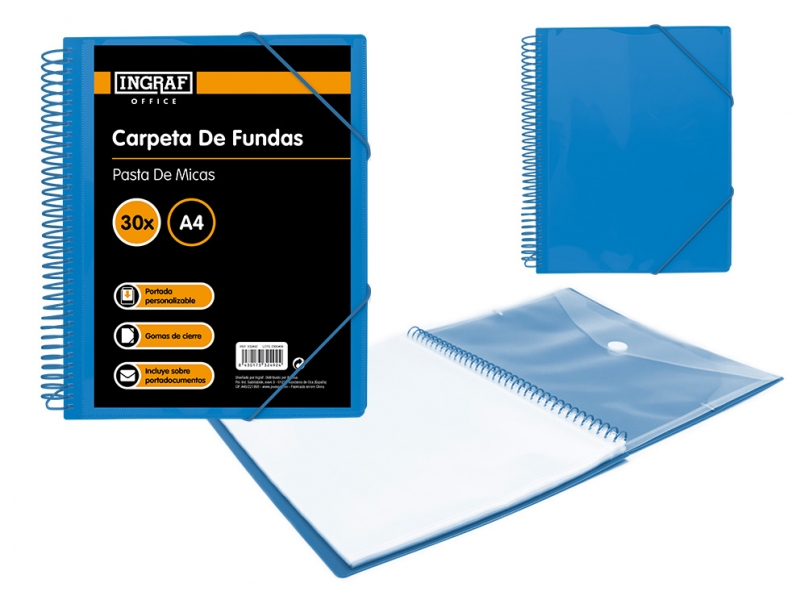 Classeur Ingraf 30 couvertures avec enveloppe de couverture - Polypropylène rigide - Spirale plastique indéformable - Ouverture 360 degrés - Enveloppe transparente avec fermeture à fermoir - Coloris Bleu