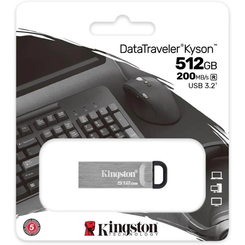 Clé USB Kingston DataTraveler Kyson 512 Go - 3.2 Gen 1 - Lecture 200 Mo/s - Design métallique - Couleur argent (Pendrive)