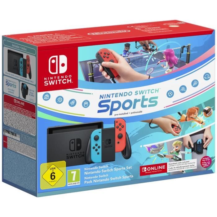 Console Nintendo Switch  Bleu Néon & Rouge Néon + Nintendo Switch Sports (Pré-installé) + 12 mois d'abonnement NSO (Code)