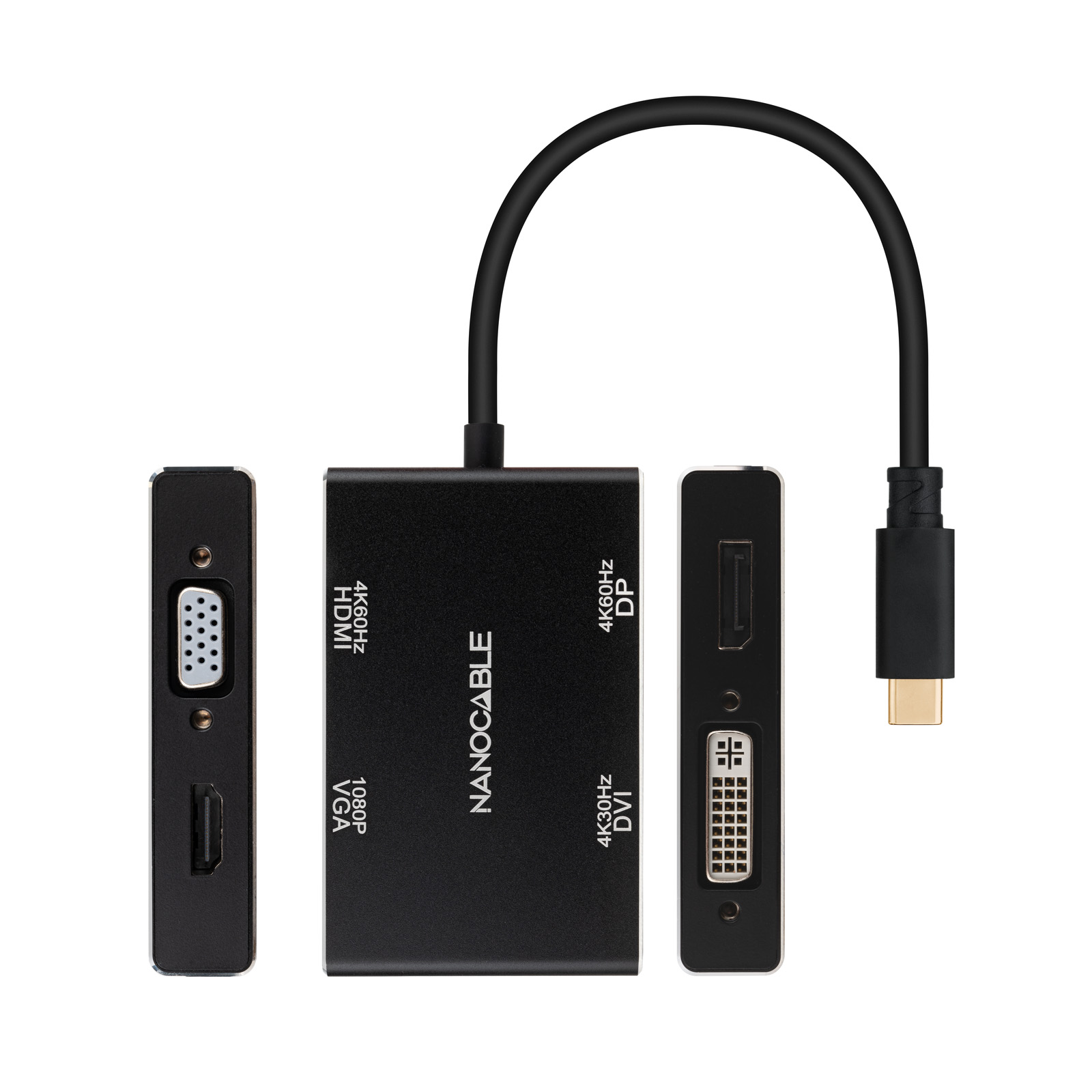 Convertisseur Nanocable USB-C/M vers HDMI/H + DVI/H + DP/H + VGA/H - 10cm - Couleur Noir