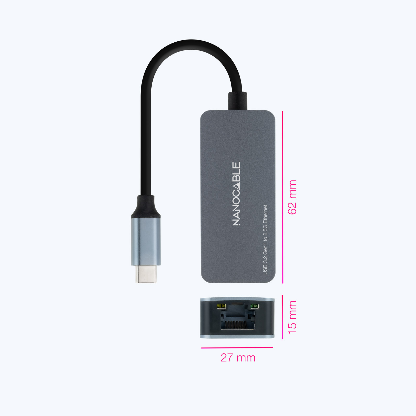 Convertisseur USB-C 3.2 GEN1 Ethernet 2.5G Nanocable 15cm - Couleur Gris