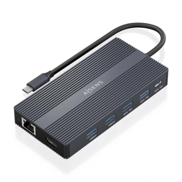 Convertisseur USB-C Aisens 12 en 1 - Boîtier en aluminium - Léger et portable - Connexion à 3 écrans - Power Delivery 100W - Ethernet RJ45 - Ports USB-A et USB-C - Lecteurs de cartes SD et Micro SD