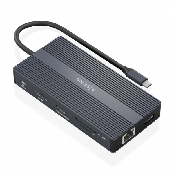 Convertisseur USB-C Aisens 12 en 1 - Boîtier en aluminium - Léger et portable - Connexion à 3 écrans - Power Delivery 100W - Ethernet RJ45 - Ports USB-A et USB-C - Lecteurs de cartes SD et Micro SD