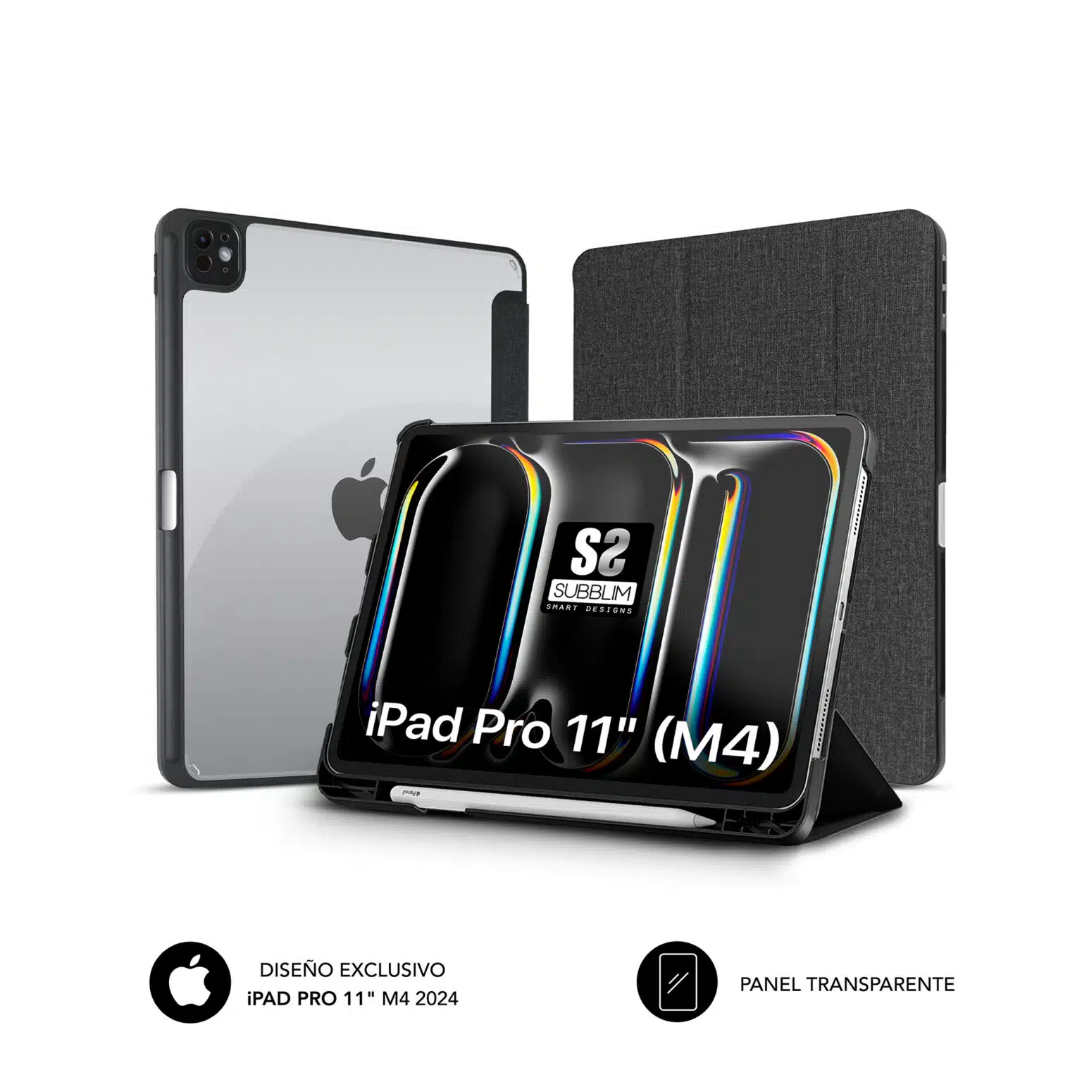 Coque exclusive Subblim pour iPad Pro 11 ? M4 2024 - Fermeture Magnétique - Bords Renforcés - 2 Positions d'Appui - Couleur Noir/Transparent