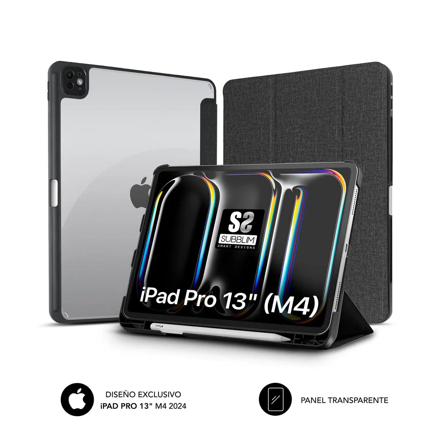 Coque exclusive Subblim pour iPad Pro 13 ? M4 2024 - Fermeture Magnétique - Bords Renforcés - 2 Positions d'Appui - Couleur Noir/Transparent