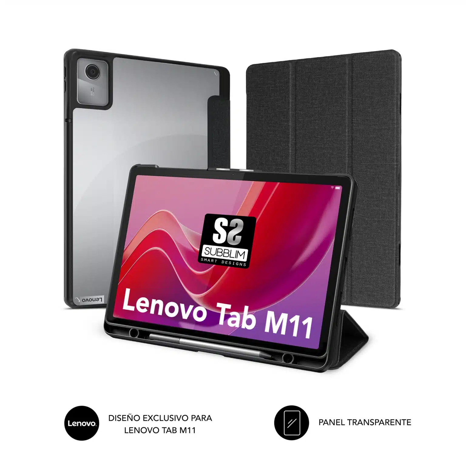 Coque Exclusive Subblim pour Tablette Lenovo Tab M11 - Fermeture Magnétique - Bords Renforcés - 2 Positions de Support - Couleur Noir/Transparent