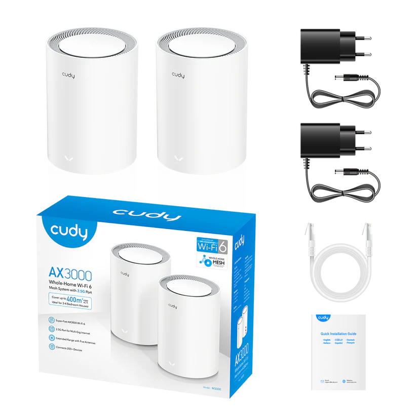 Cudy AX3000 Pack de 2 systèmes WiFi 6 Mesh AX3000 2,5G double bande - Prend en charge la bande passante 20/40/80/160 MHz - 1 port LAN 10/100/1000 Mbps, 1 port WAN 2,5 Gbps - 5 antennes internes