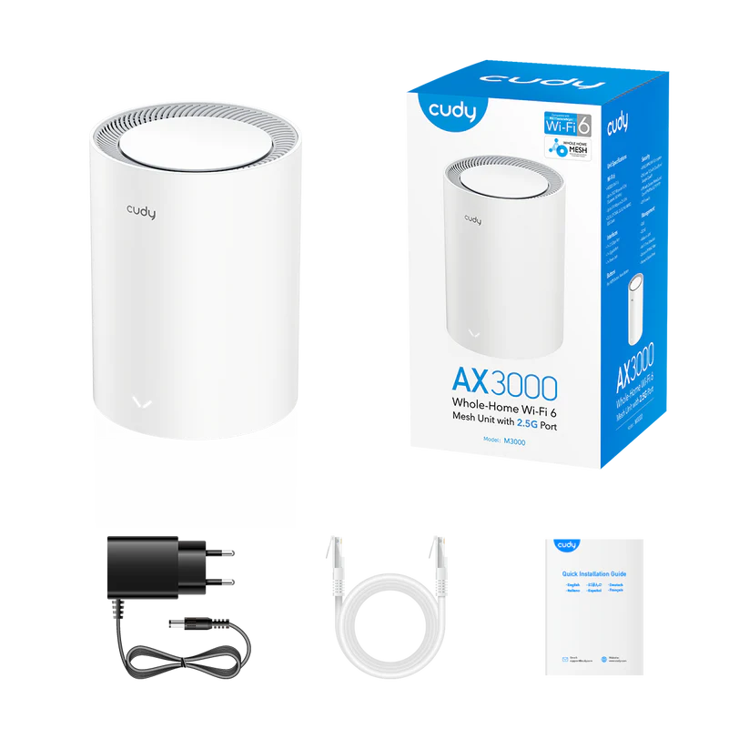 Cudy AX3000 WiFi 6 Mesh System AX3000 2,5G double bande - Prend en charge la bande passante 20/40/80/160 MHz - 1 port LAN 10/100/1000 Mbps, 1 port WAN 2,5 Gbps - 5 antennes internes