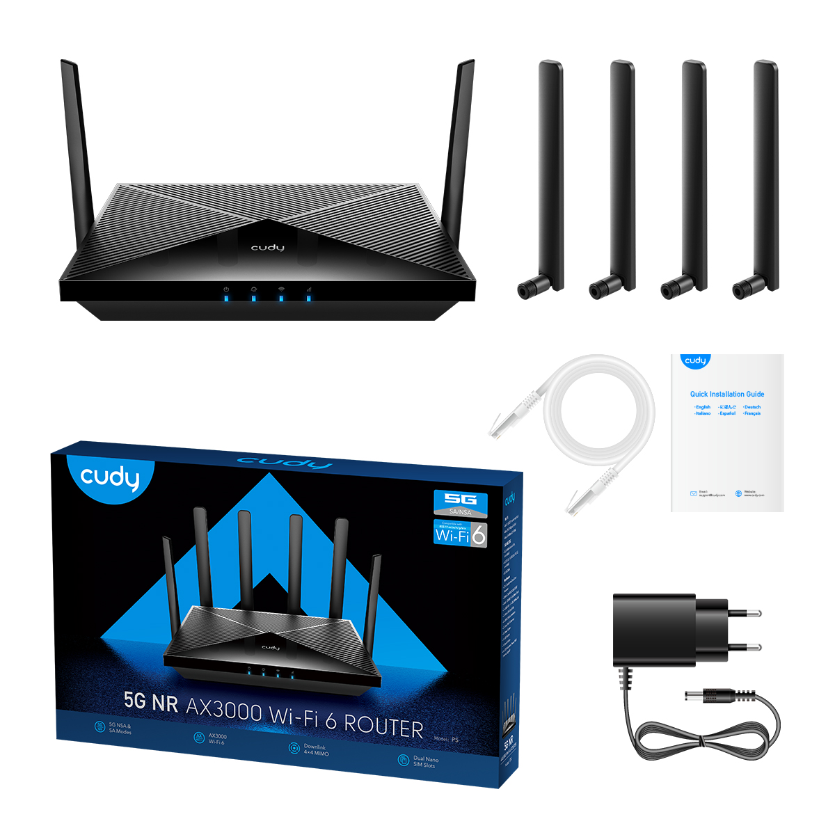 Cudy P5 Routeur 5G SA/NSA AX3000 Wi-Fi 6 CPE Dual Band - 4x Ports Lan 1000/100/10 Mbps - 6 Antennes Externes