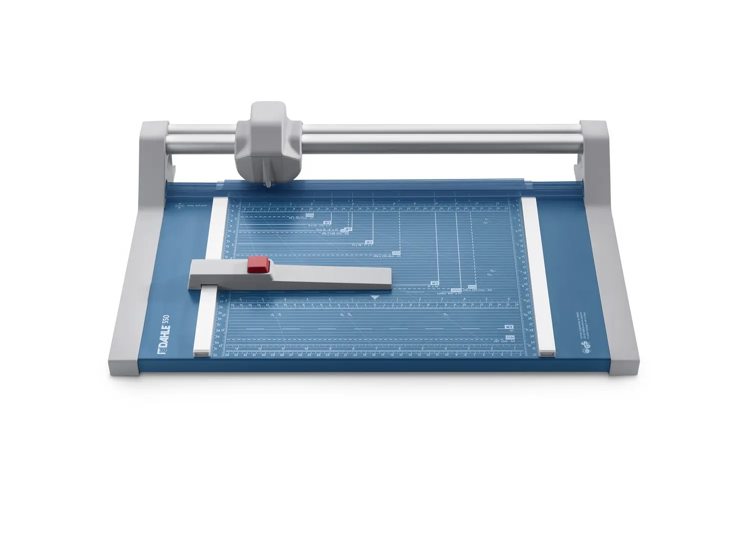 Dahle 550 Cisaille à Rouleau Professionnelle Format A4 - Capacité 20 Feuilles - Lame Circulaire Acier Auto-Affûteuse - Deux Butées d'Angle