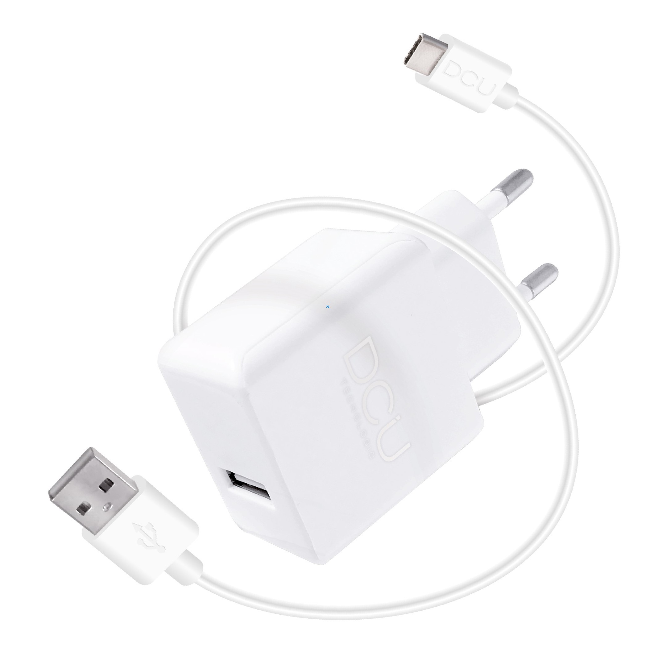 DCU Tecnologic Chargeur USB 5V 2,4A + Câble USB Type C - 1m - Chargement Rapide et Sûr pour vos Appareils - Couleur Blanc