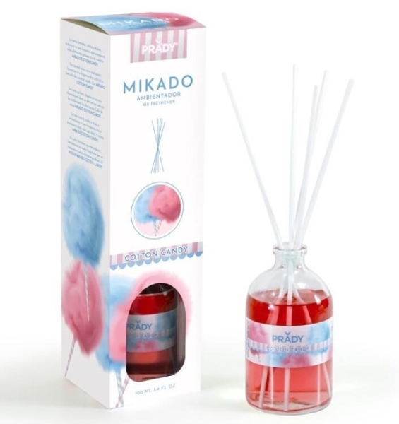 Désodorisant Prady Cotton Candy Mikado - Bouteille en verre de 100 ml et baguettes de diffusion