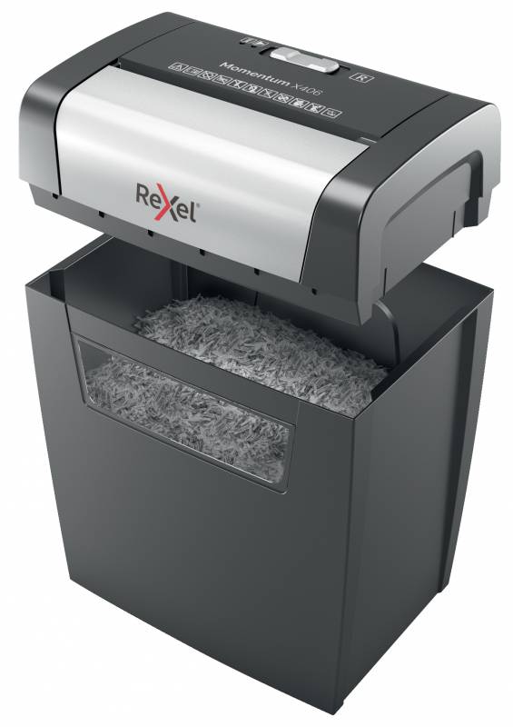 Destructeur Rexel Momentum x406 - P4, Coupe Confetti 4x30mm - Fonctionnement Ininterrompu 3 Minutes - Corbeille 15L - Noir