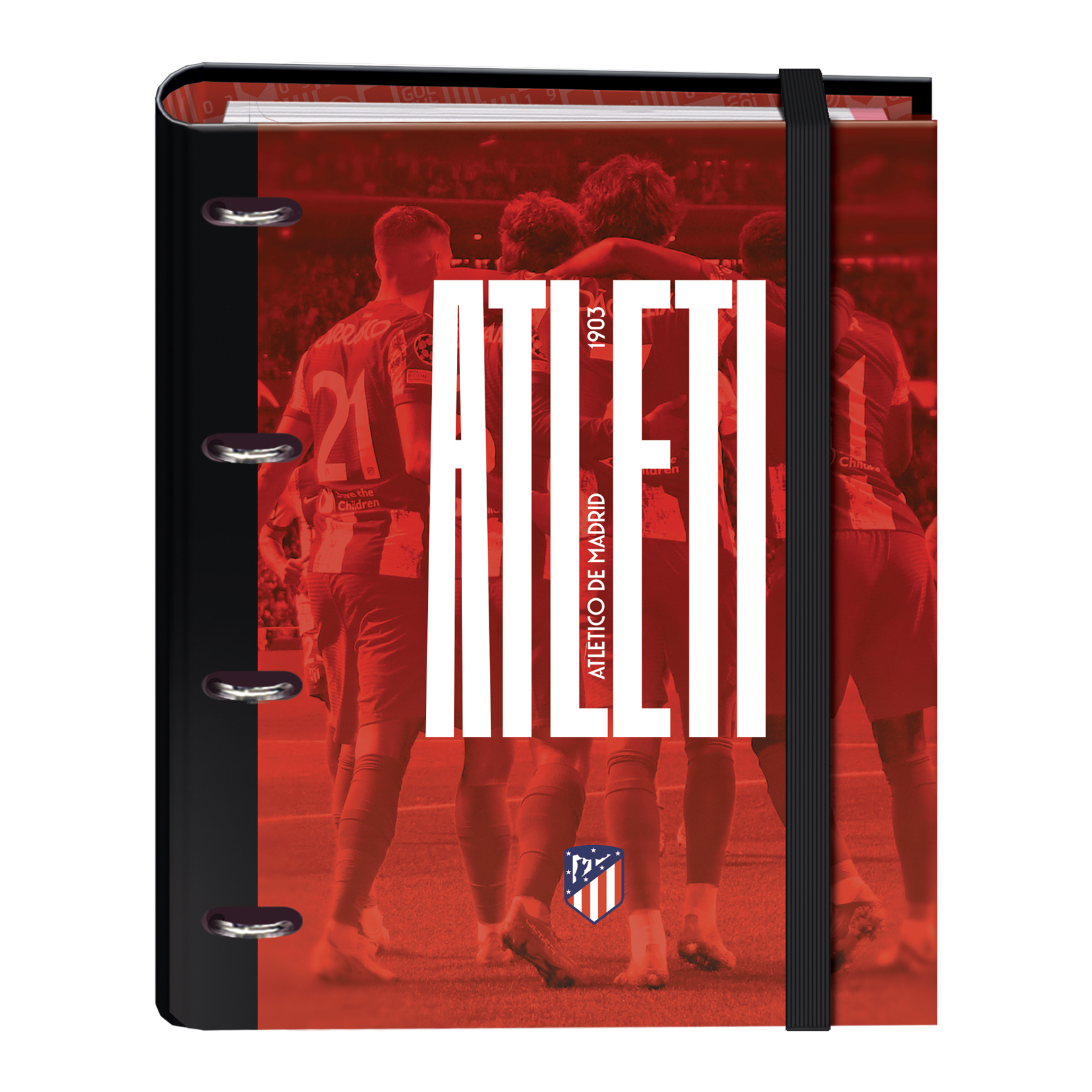 Dohe Atletico de Madrid Atleti Classeur à 4 anneaux Format A4 avec recharge de 100 feuilles - Intercalaires 4 couleurs - Fermeture à bande élastique - Anneaux de 35 mm