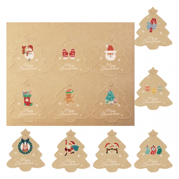 Dohe Christmas Kraft Pack de 48 étiquettes cadeaux - Motifs de Noël - Taille 4,5x5 cm - Découpées sur carton - Cordon inclus