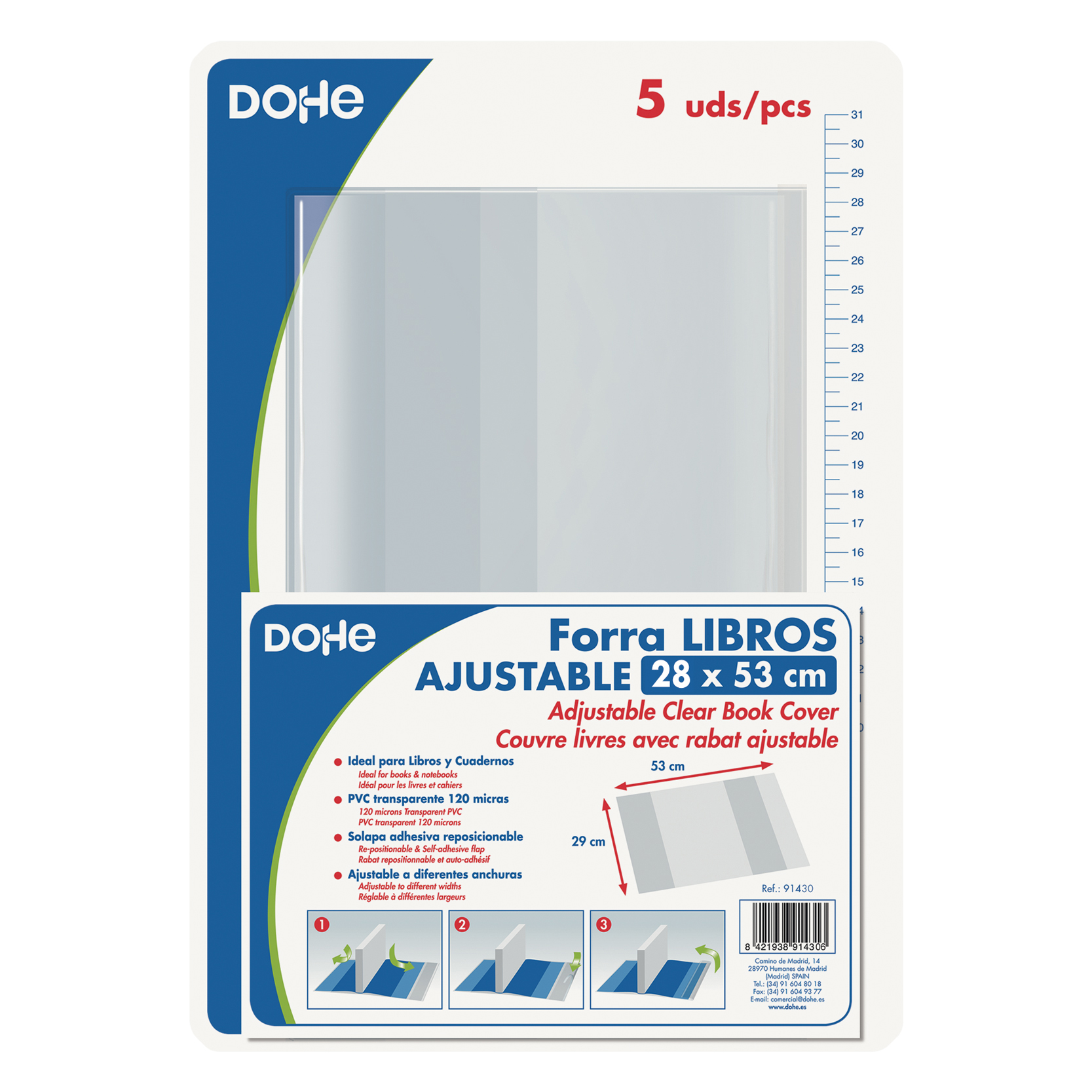 Dohe Lot de 5 Protèges Livres - Rabat Adhésif Repositionnable - Format 28x53cm - Matière PVC 120 microns