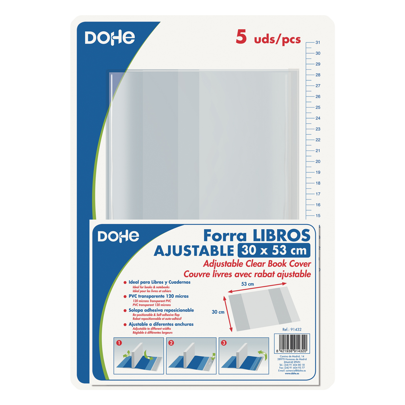 Dohe Lot de 5 Protèges Livres - Rabat Adhésif Repositionnable - Format 30x53cm - Matière PVC 120 microns