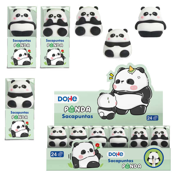 Dohe Présentoir de 24 Taille-Crayons Panda - En Plastique - Revêtement PVC - Lame en Acier - Présentation dans Boîte Transparente